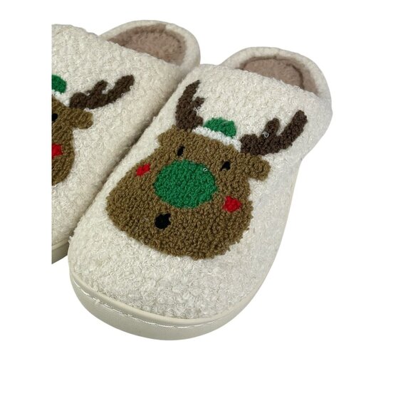Christmas Reindeer House Slippers Soft Plush Warm Indoor Outdoor W 9-9.5 Green - Picture 2 of 8